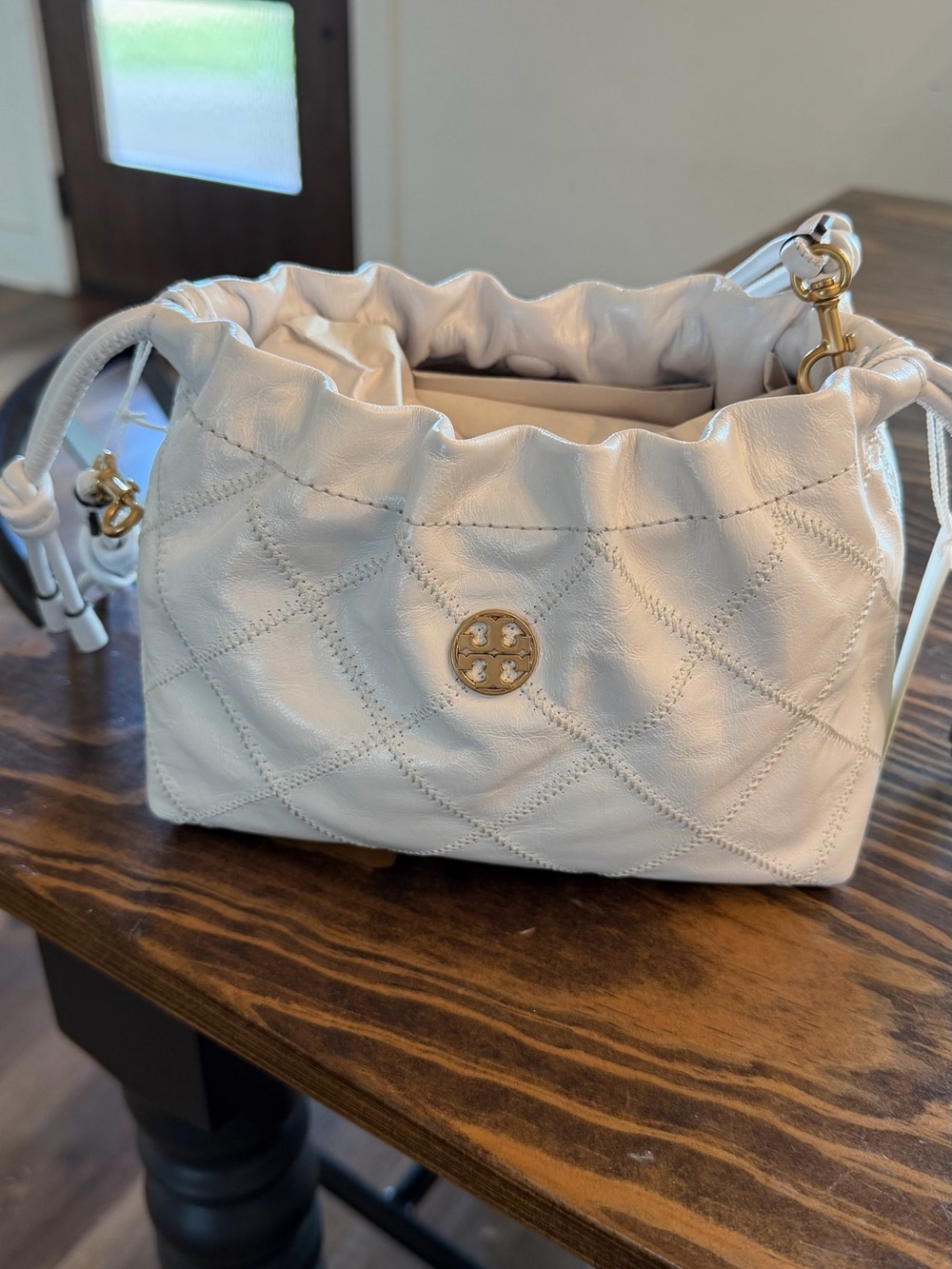 Tory Burch Cream Quilted Drawstring Leather Mini Shoulder Bag